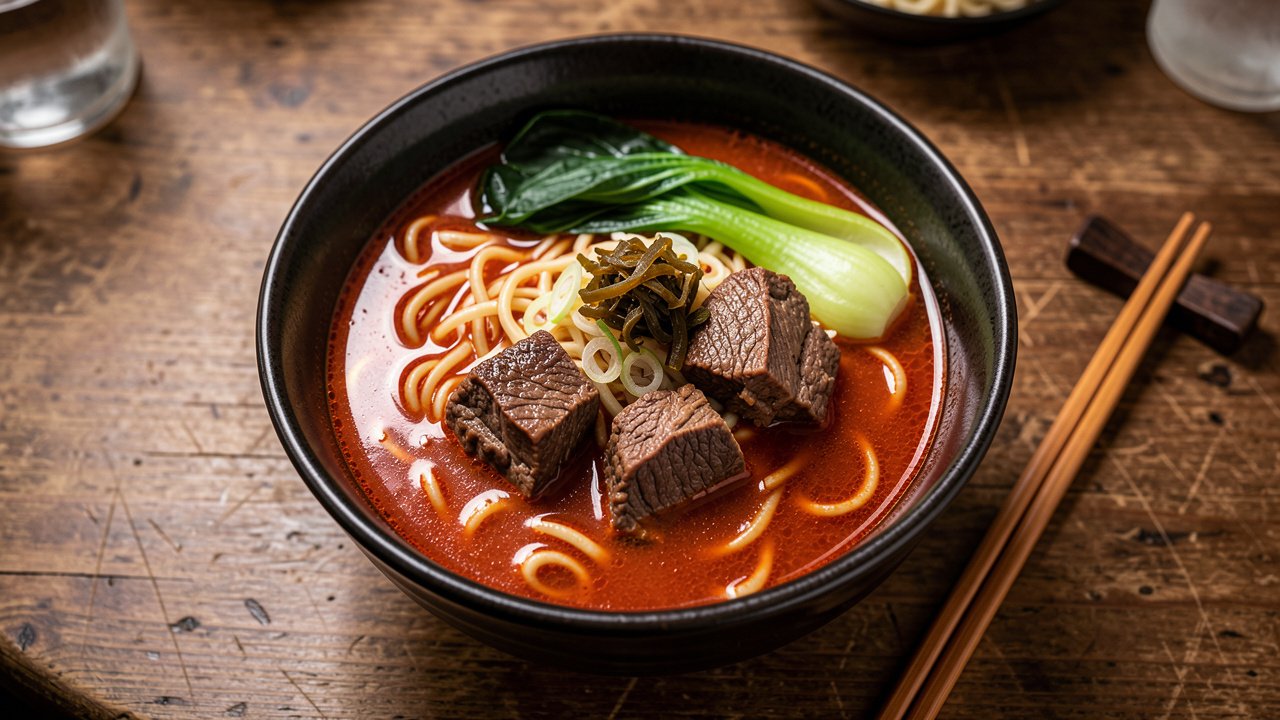 A deep bowl of Taiwanese tomato beef noodle soup with tender beef, wheat noodles, bok choy and scallion