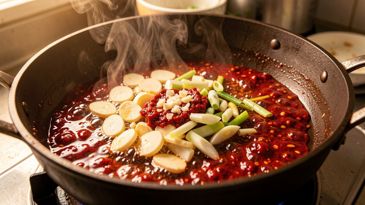 Ginger, garlic, scallion and chili bean paste frying in red oil in a heavy pot