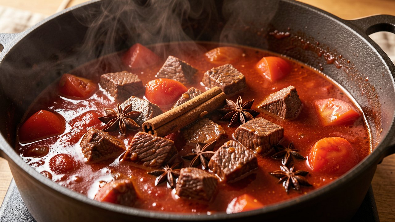 Beef braising in a deep red-brown tomato broth with star anise and cinnamon
