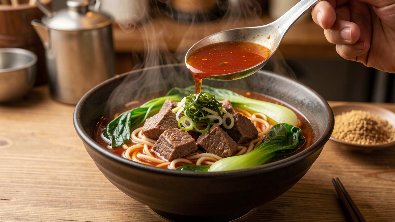 Ladling beef and broth over noodles and topping the bowl with greens and scallion