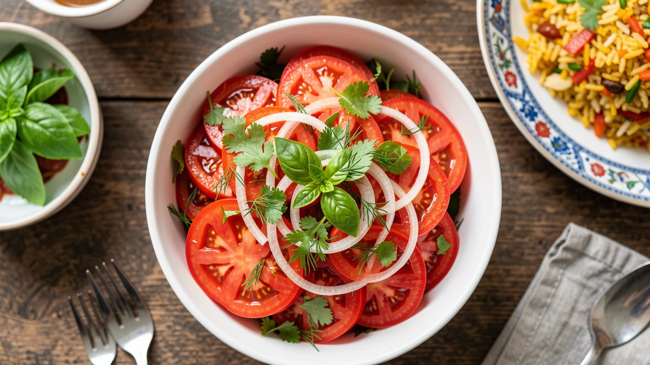 A bright bowl of Tajik shakarob salad with sliced tomatoes, sweet onion, and fresh herbs beside a plate of plov