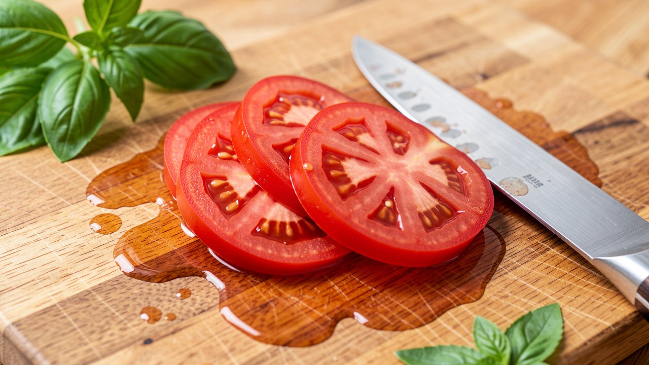 Thin wedges of ripe tomatoes freshly sliced on a wooden board with juices pooling