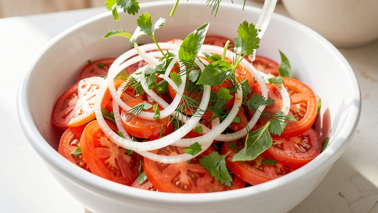 Sliced tomatoes, sweet onion, and fresh herbs being gently tossed in a bowl