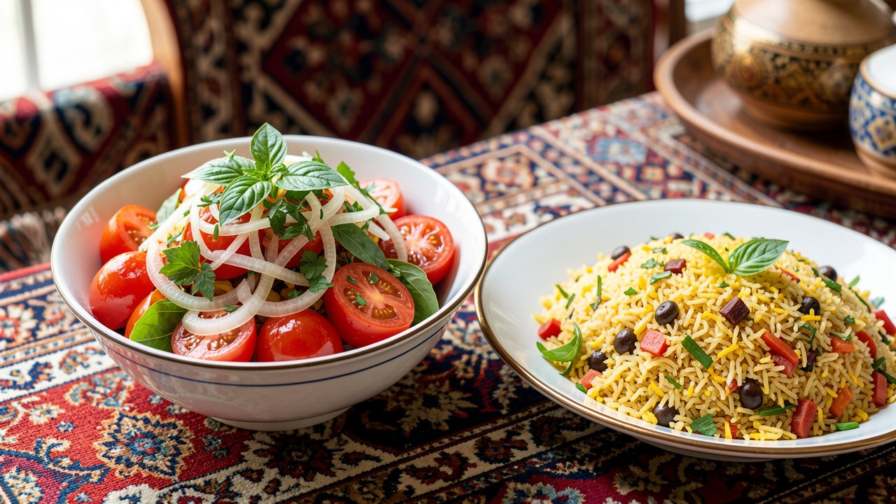 Finished bowl of shakarob heaped with fresh herbs, served beside a plate of plov
