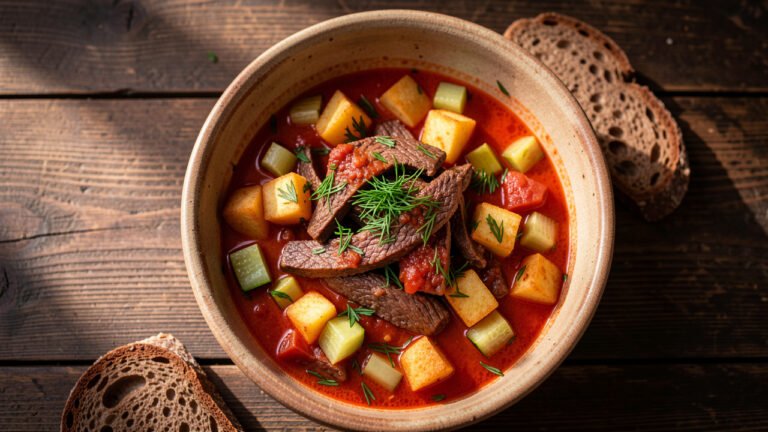 A bowl of Tatar azu with beef strips, fried potato cubes, and diced pickles in a red tomato sauce, topped with herbs