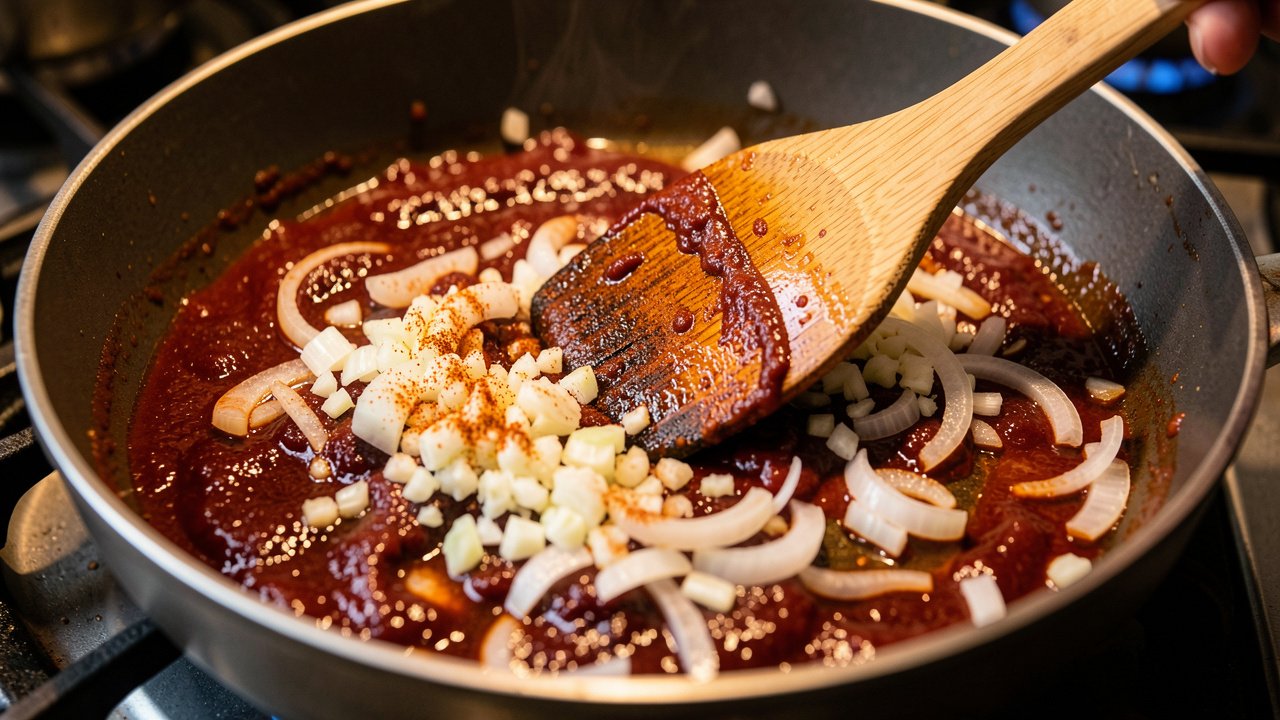 Onions and garlic softening with tomato paste in a deep pan