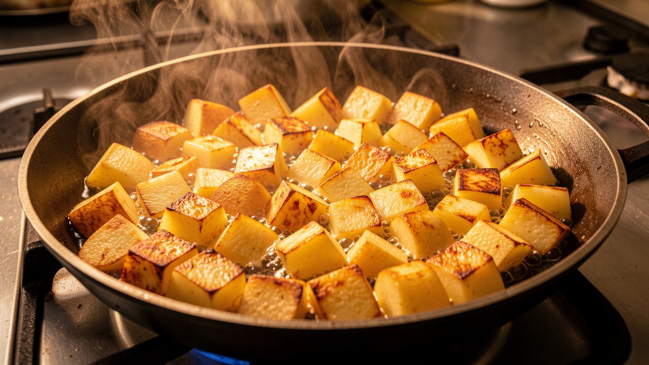 Cubed potatoes frying until golden and crisp in a wide pan