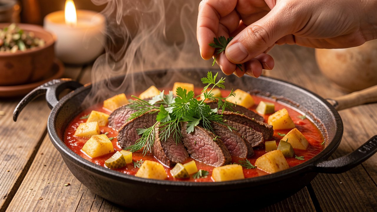Finished Tatar azu garnished with fresh dill and parsley in a rustic pan