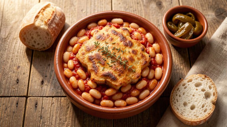 An earthenware dish of Macedonian tavce gravce, white beans in a thick red paprika-tomato sauce with a crisped top, served with bread