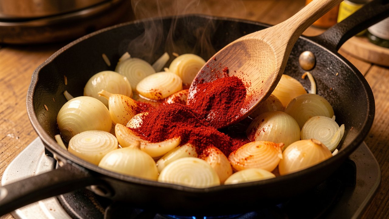 Softened onions with sweet red paprika stirred in off the heat to make the sauce base