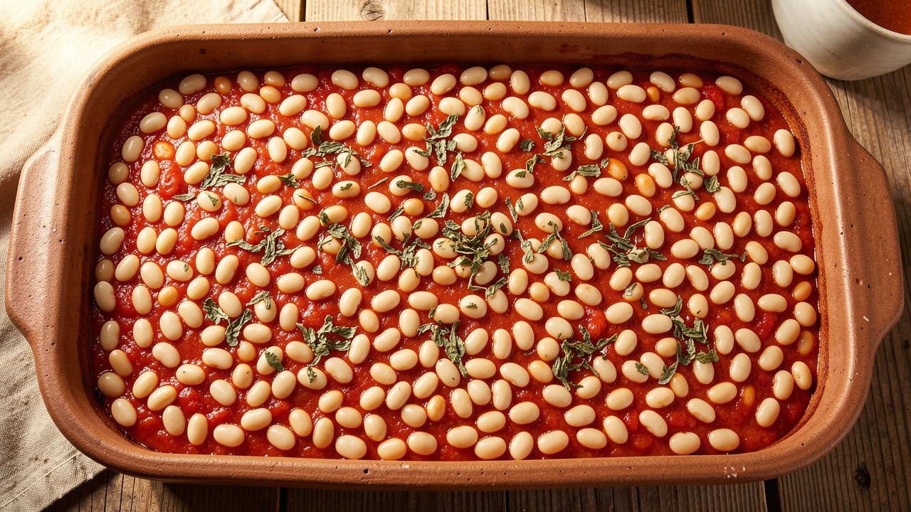 White beans in paprika-tomato sauce spread level in an earthenware dish with dried mint on top before baking