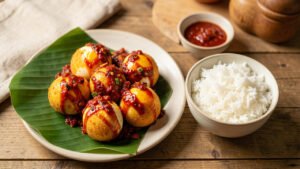 Golden fried eggs coated in glossy red sambal balado served with steamed rice