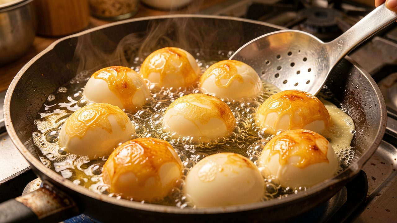 Whole boiled eggs frying to a golden, blistered skin in hot oil