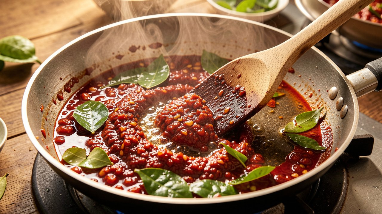 Red chili and tomato sambal paste frying and thickening in a pan