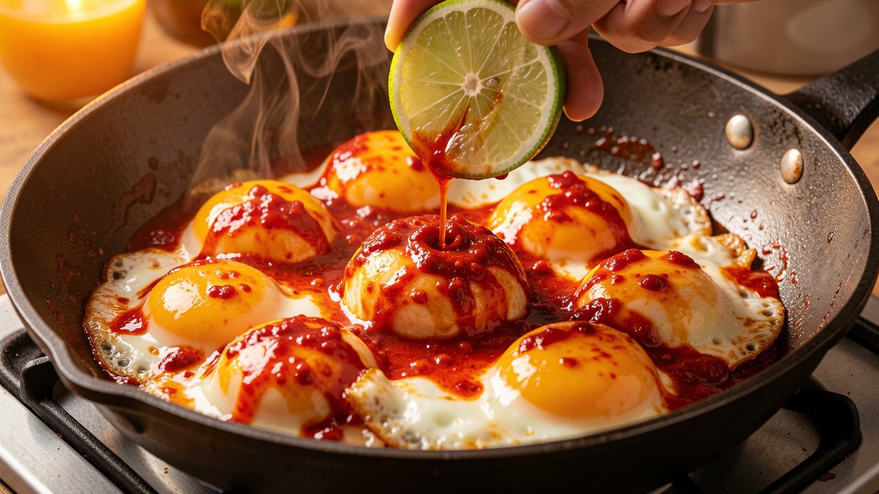 Fried eggs turned and coated in glossy red sambal balado in a pan