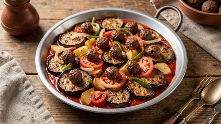 A round tray of Iraqi tepsi baytinijan with layered fried eggplant, meatballs, tomatoes, and potatoes in red sauce