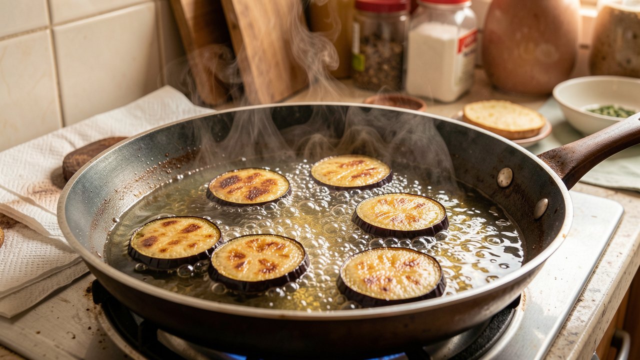 Eggplant rounds frying to golden brown in a pan, with drained rounds resting on paper towels