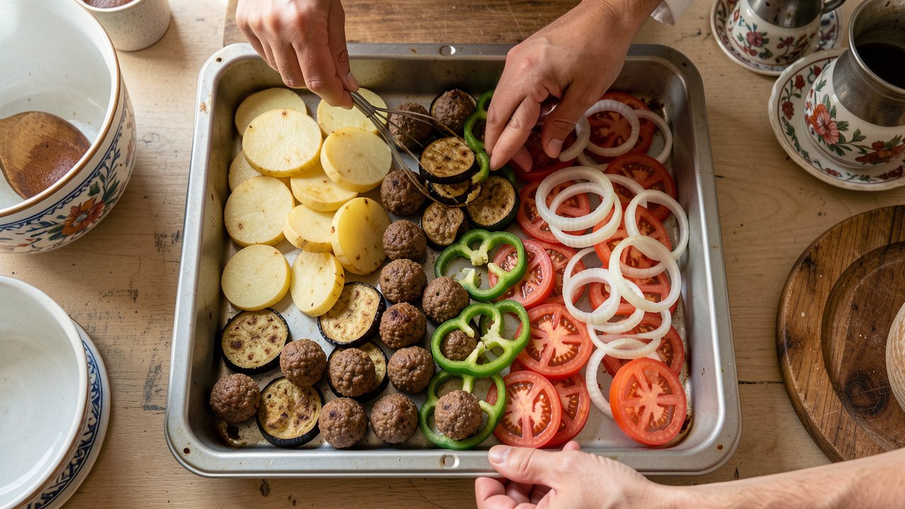 A tray being layered with potatoes, fried eggplant, tomatoes, peppers, and meatballs before baking