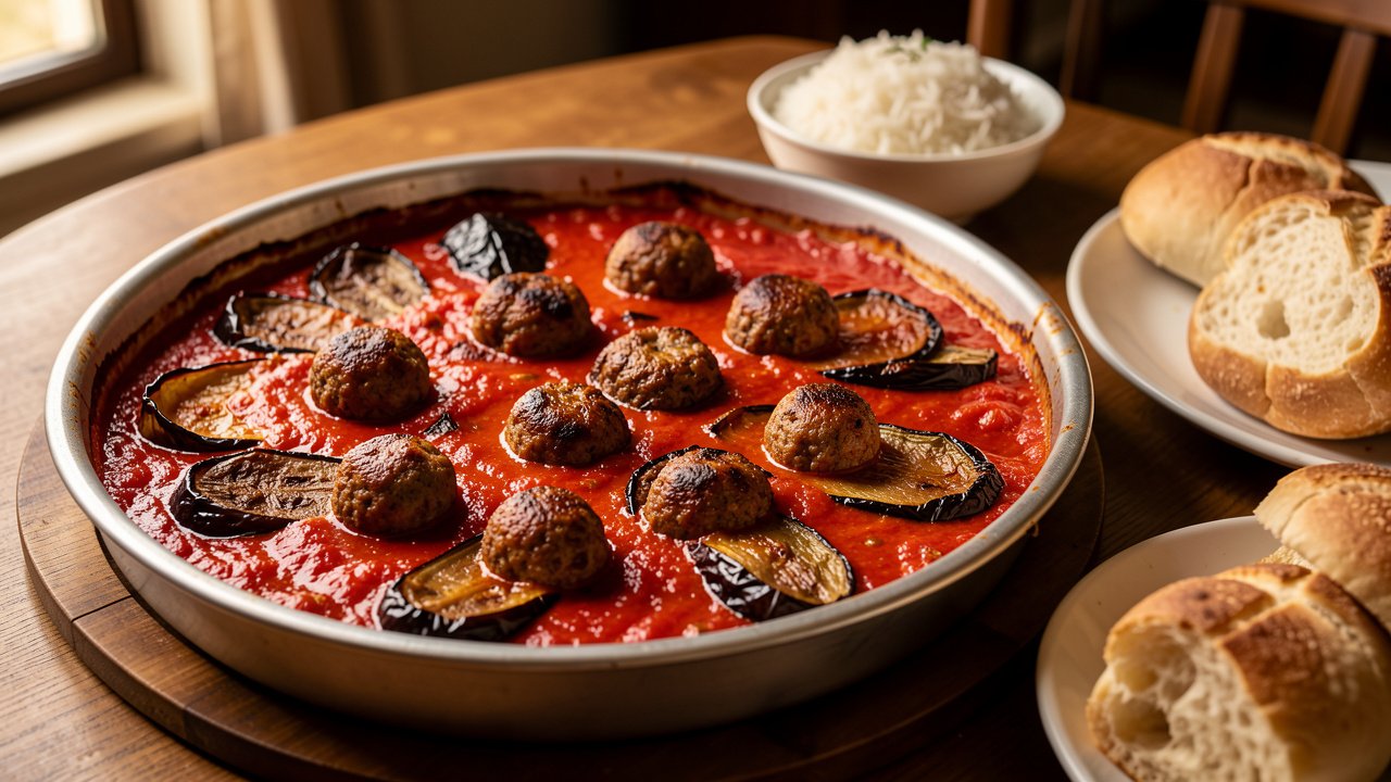 Finished tepsi baytinijan in a tray with reduced red sauce, served with rice and bread