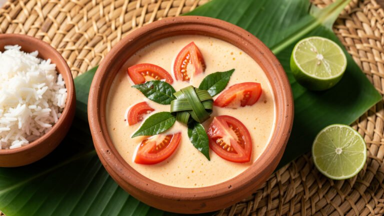 Sri Lankan thakkali curry with tomato wedges in creamy coconut sauce, curry leaves on top, served with rice