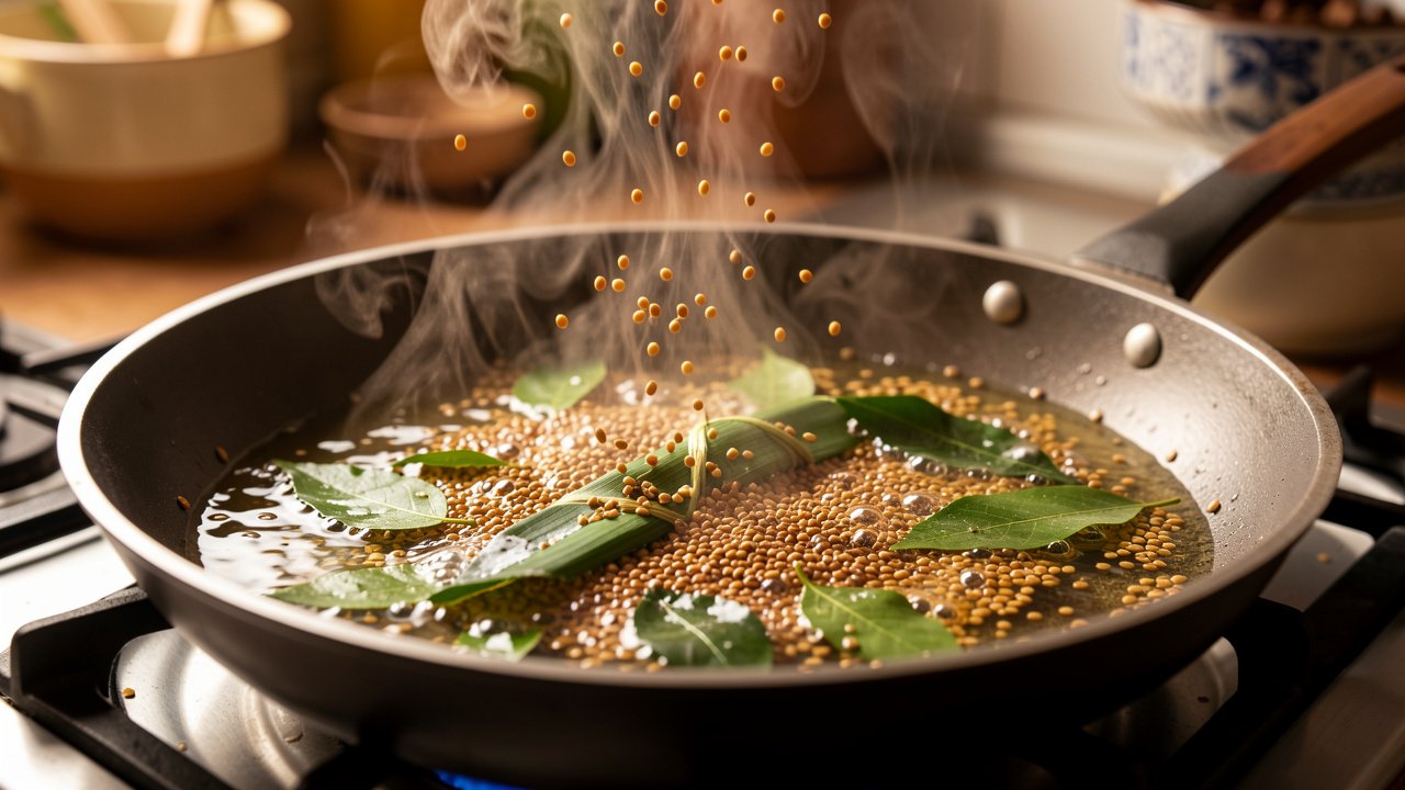 Mustard seeds, fenugreek, curry leaves and pandan tempering in hot coconut oil
