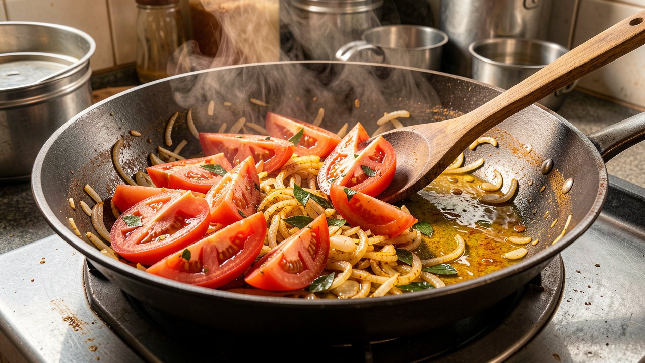 Tomato wedges added to spiced onions and curry leaves in a wide pan