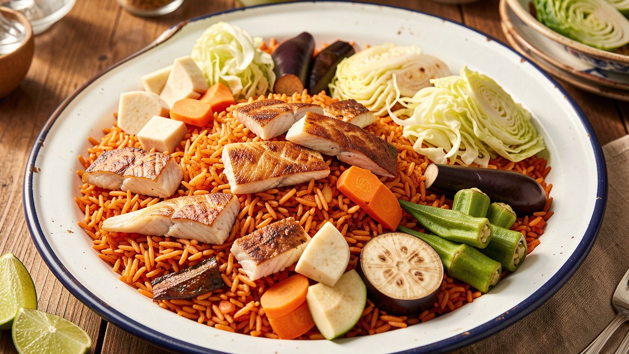 A communal platter of Senegalese thieboudienne with red rice, fish, and vegetables