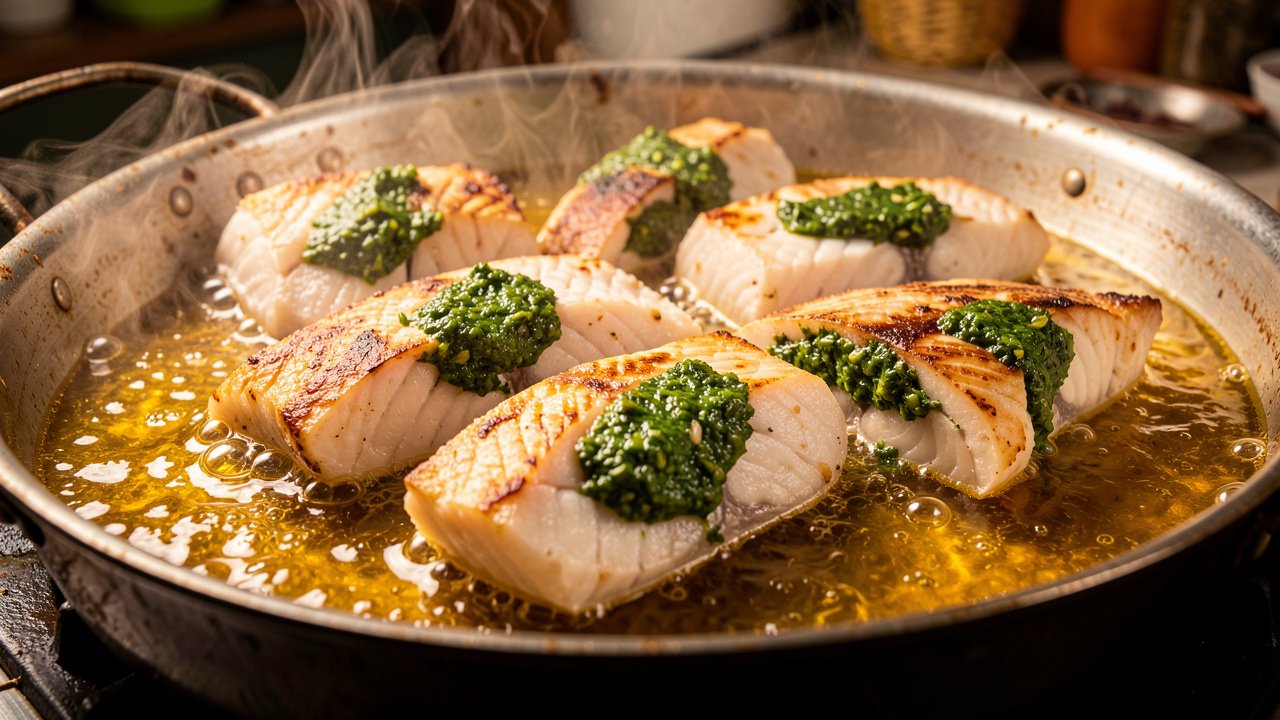 Herb-stuffed white fish browning to a golden crust in a pot of oil