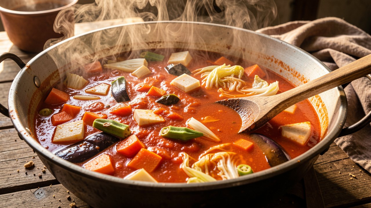 Vegetables simmering in a deep red tomato broth in a large pot