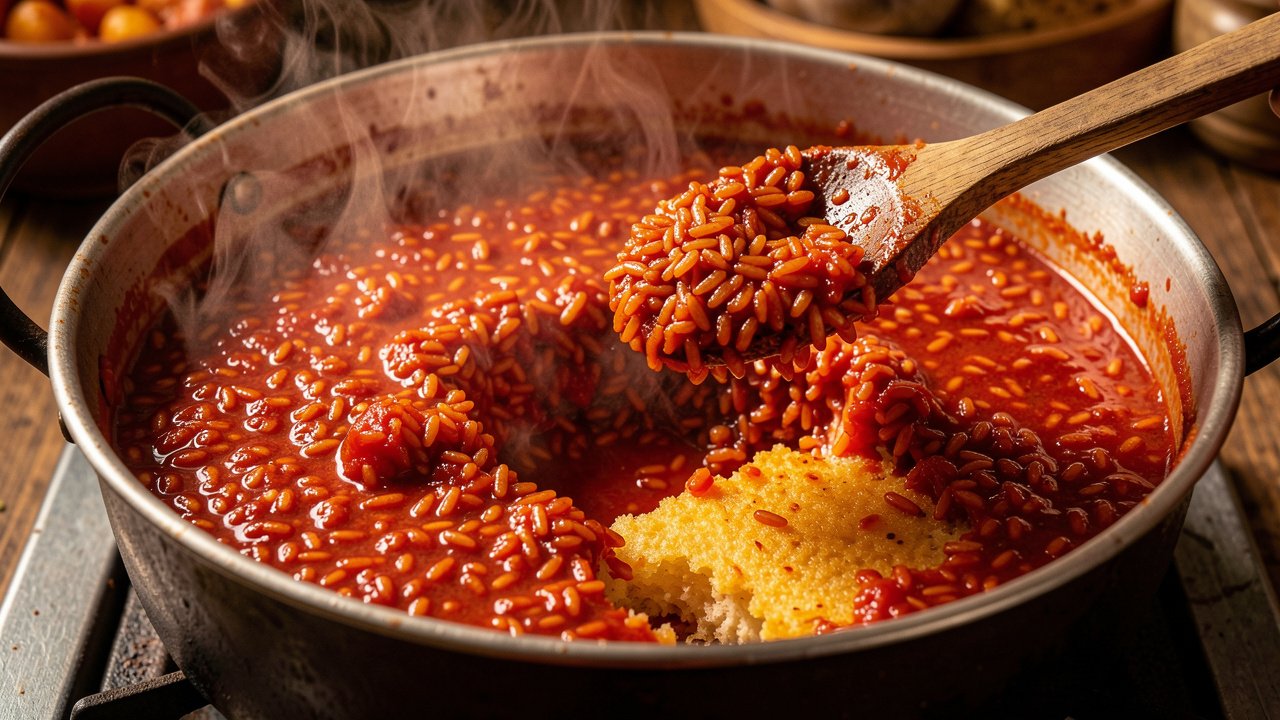 Red-orange broken rice steaming in a pot with a golden crust forming at the bottom