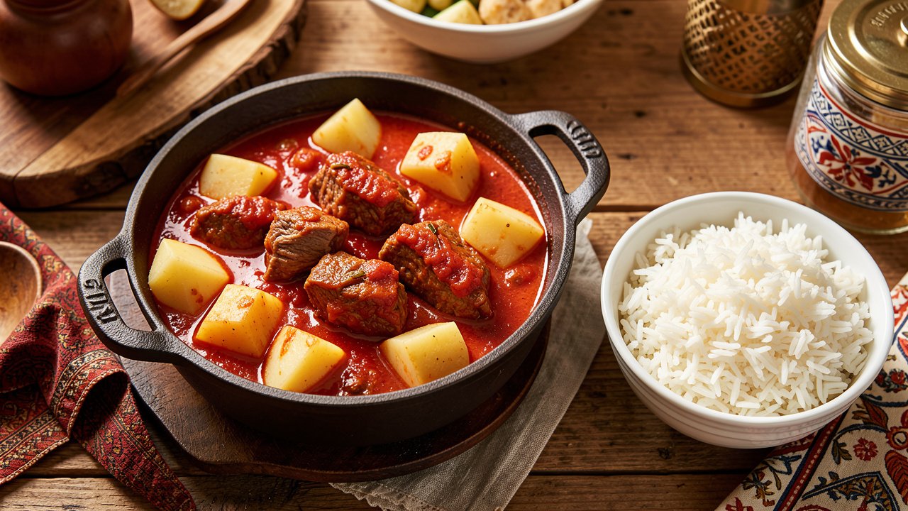 A rustic pot of South African tomato bredie with tender lamb and potatoes in a rich tomato gravy, served over rice