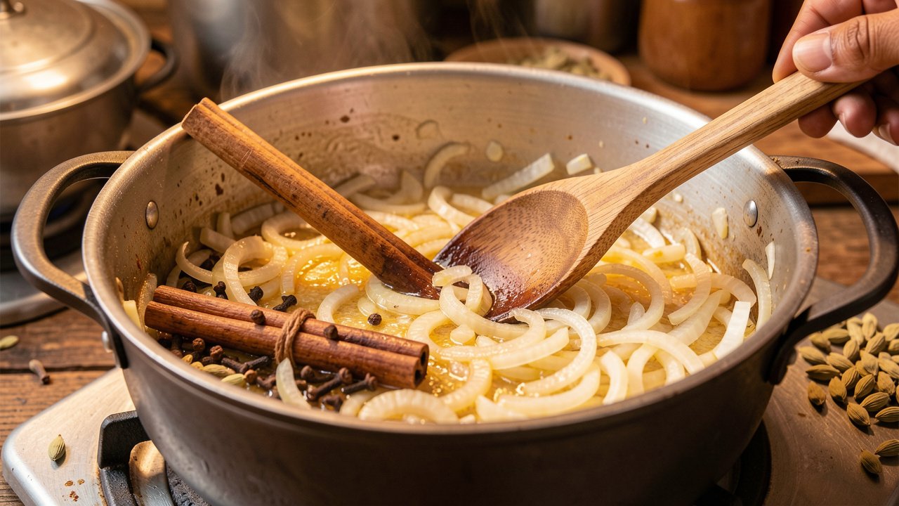 Onions softening to golden with warm whole spices in a heavy pot