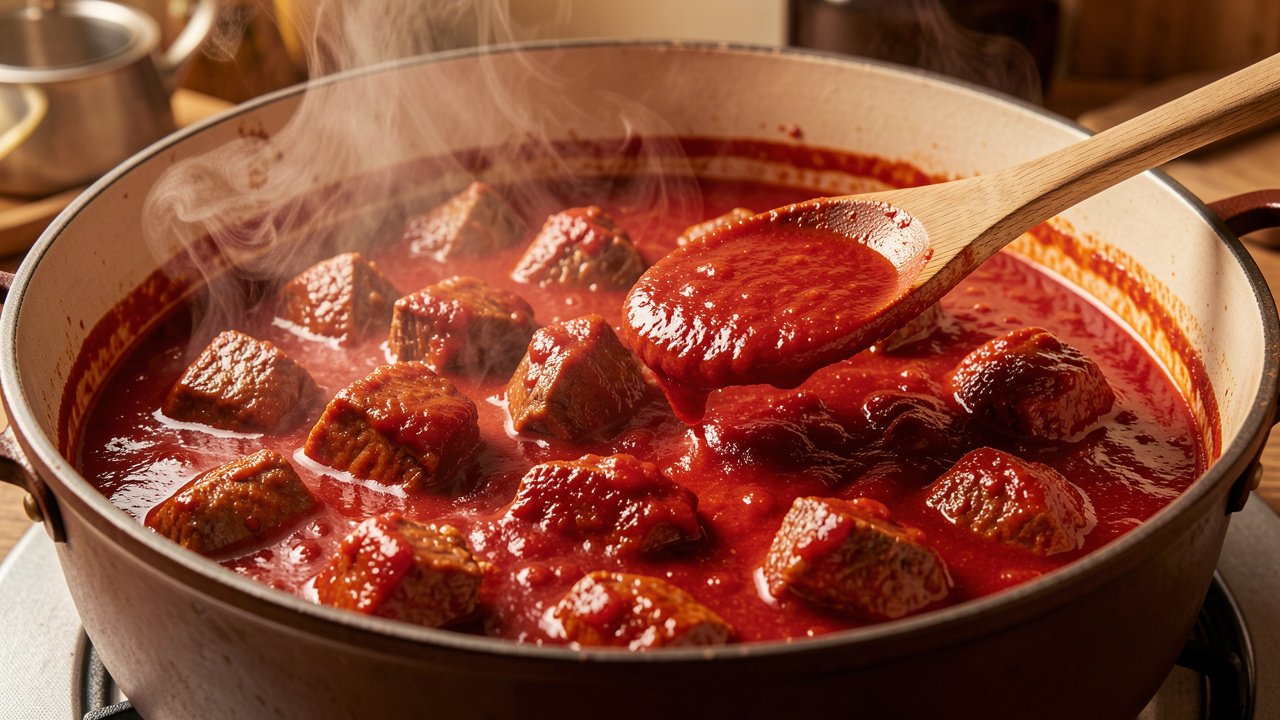 Lamb simmering in a thick reducing red tomato gravy in a heavy pot