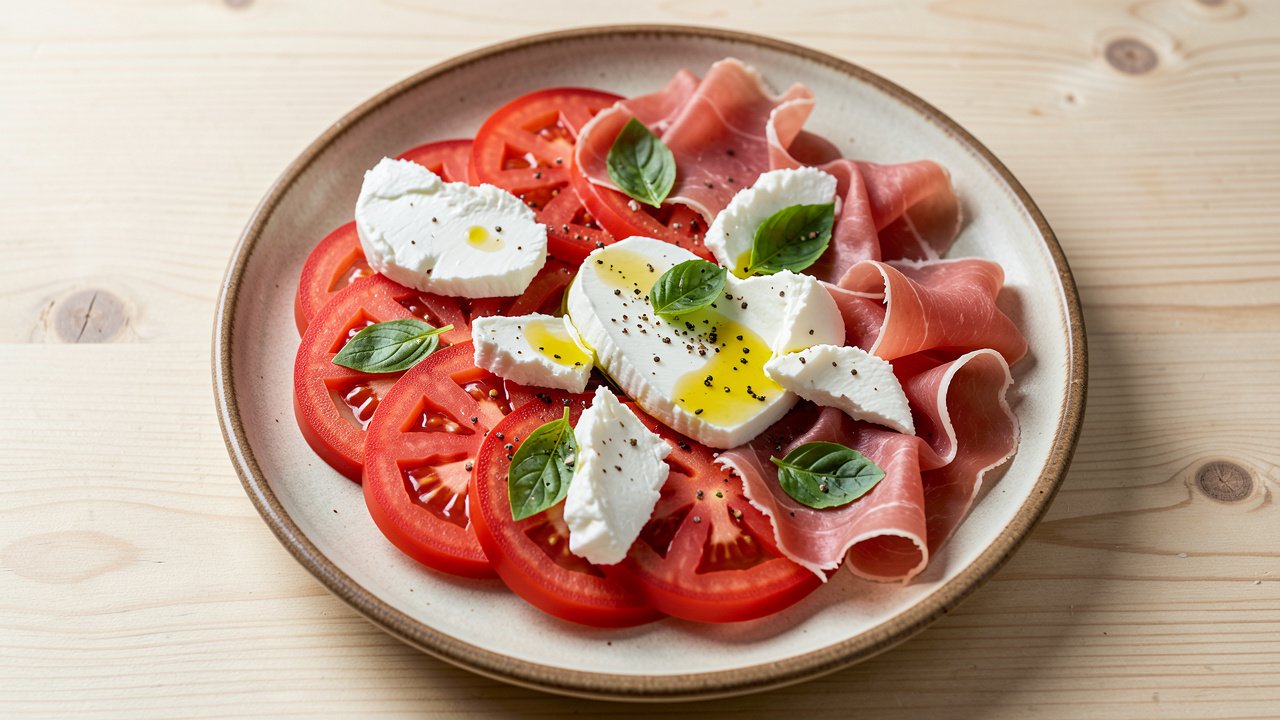 Tomato smoked turkey and fresh mozzarella salad on a platter with torn basil and olive oil