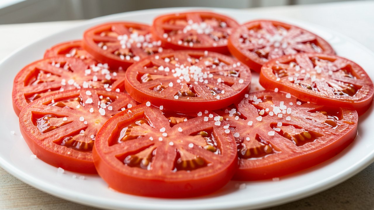 Thick tomato slices salted on a plate with juice beading on the surface