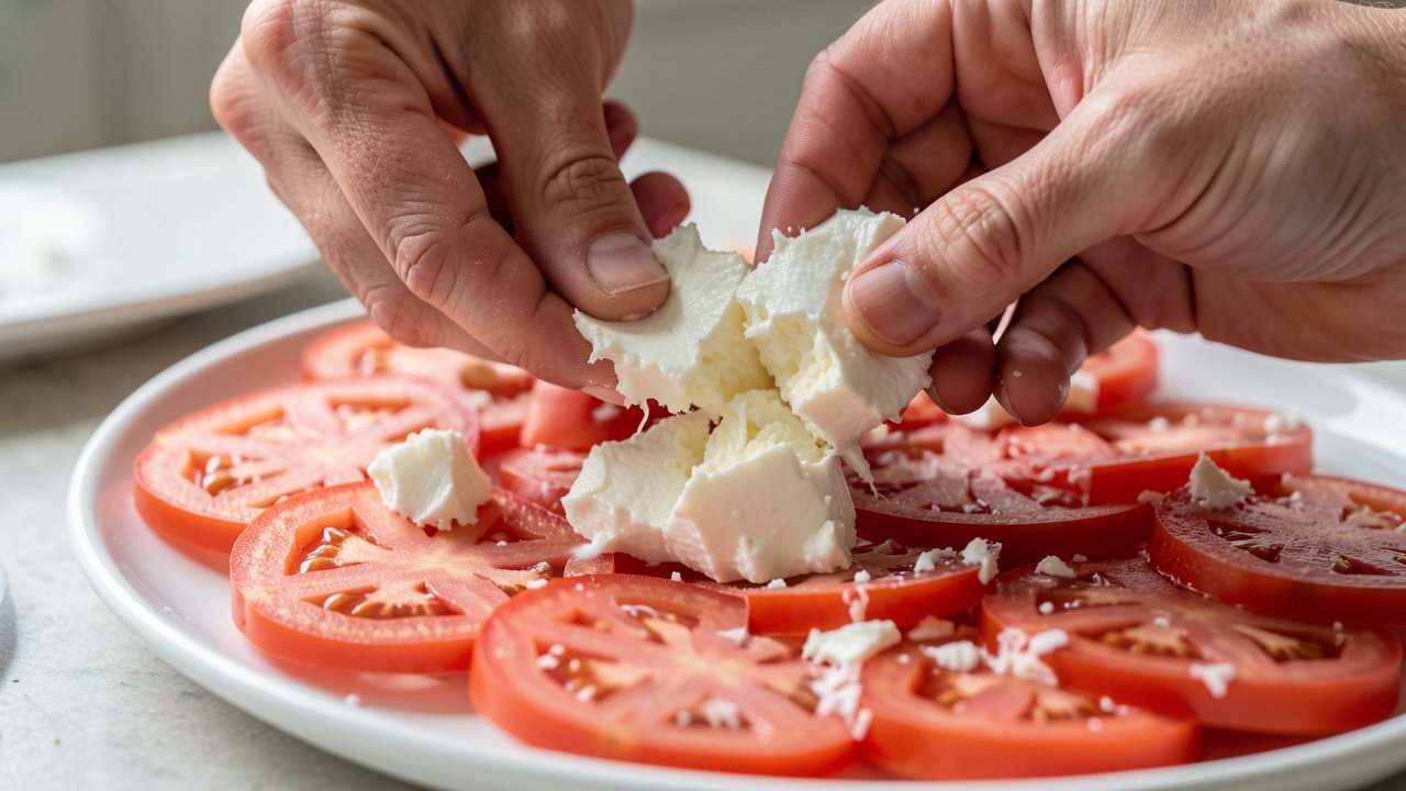 Hands tearing fresh mozzarella into rough pieces over sliced tomatoes