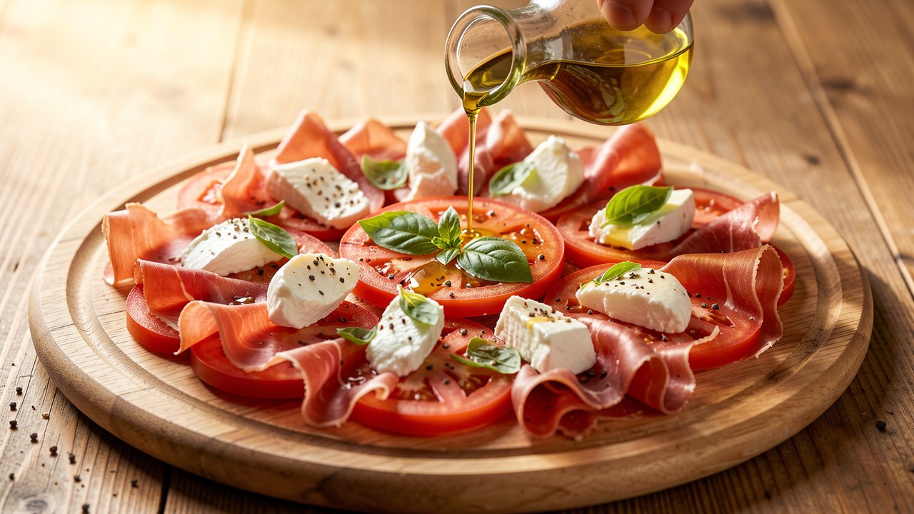 Olive oil being drizzled over a finished tomato smoked turkey and mozzarella platter with basil