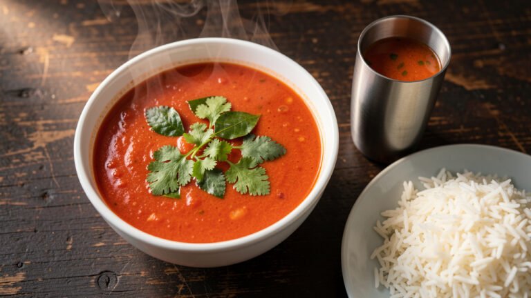 A steaming bowl of thin red South Indian tomato rasam topped with curry leaves, with a metal tumbler beside it