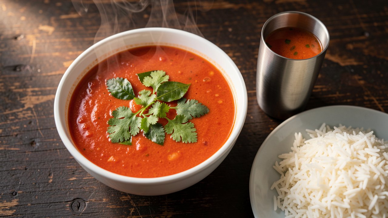 A steaming bowl of thin red South Indian tomato rasam topped with curry leaves, with a metal tumbler beside it