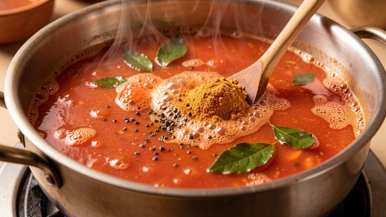 Thin red tomato rasam broth simmering in a pot with tamarind and rasam powder