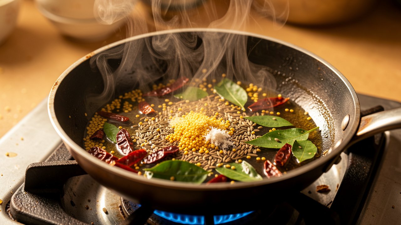 Mustard seeds, cumin, dried chilies and curry leaves tempering in hot ghee