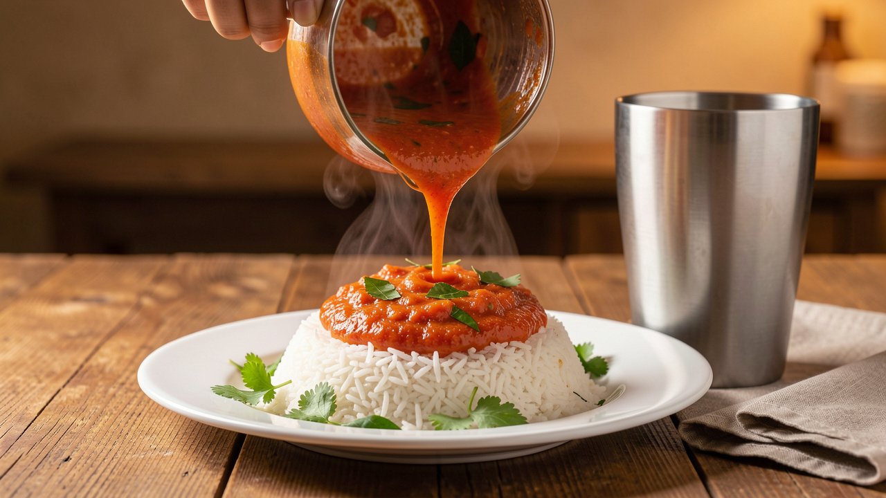 Tomato rasam poured over white rice, garnished with cilantro, with a metal tumbler beside it