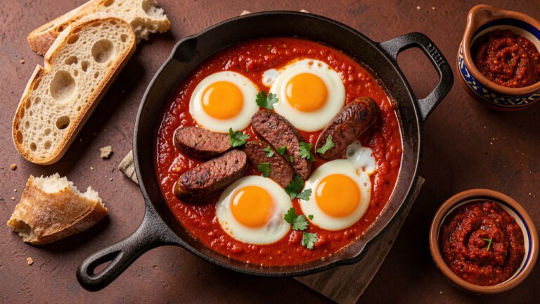 A skillet of Tunisian ojja with spicy tomato sauce, halal beef merguez slices and softly set eggs