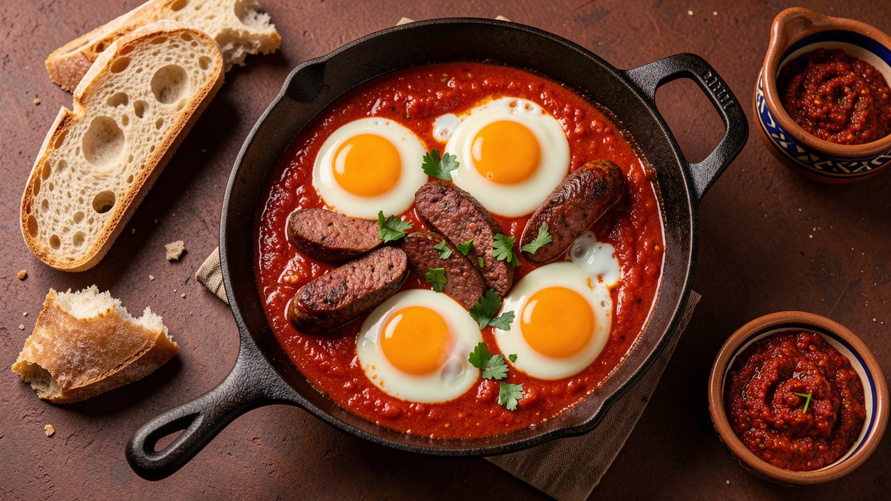 A skillet of Tunisian ojja with spicy tomato sauce, halal beef merguez slices and softly set eggs