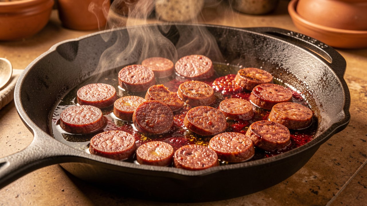 Slices of halal beef merguez browning in a skillet with rendered red spiced fat