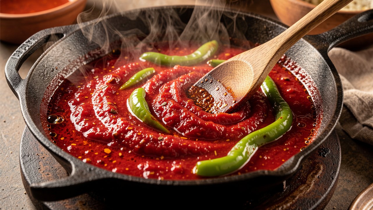 Thick red harissa and tomato sauce reducing in a skillet with green peppers