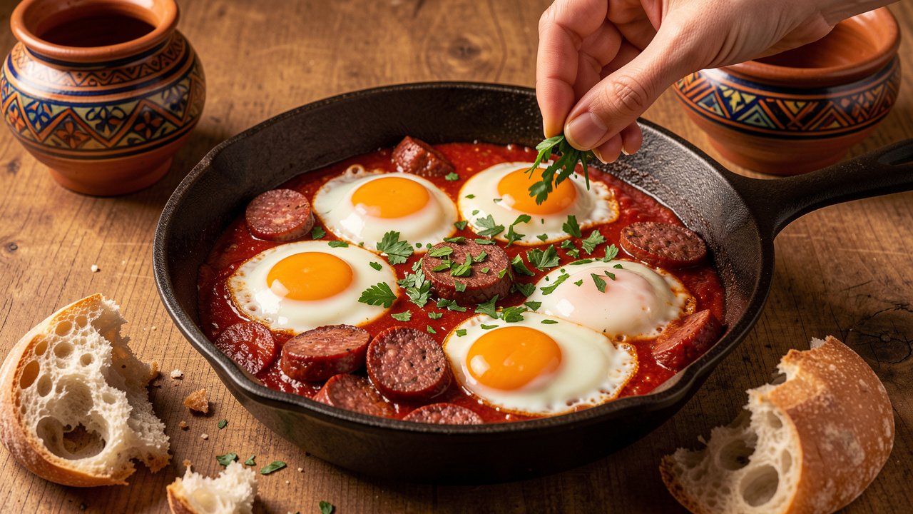 Finished Tunisian ojja with soft-set eggs, halal beef merguez and parsley, served with crusty bread