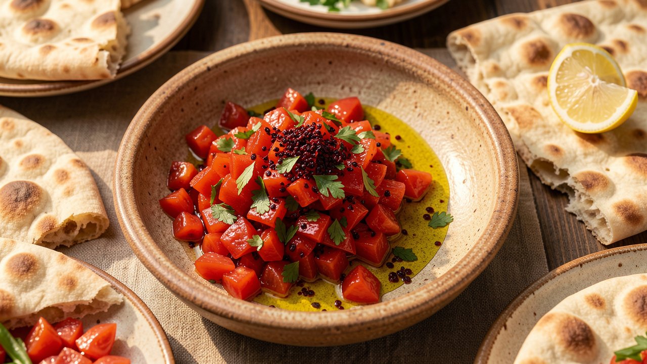 A shallow dish of spicy Turkish ezme relish drizzled with olive oil and flecked with parsley and sumac, served with flatbread