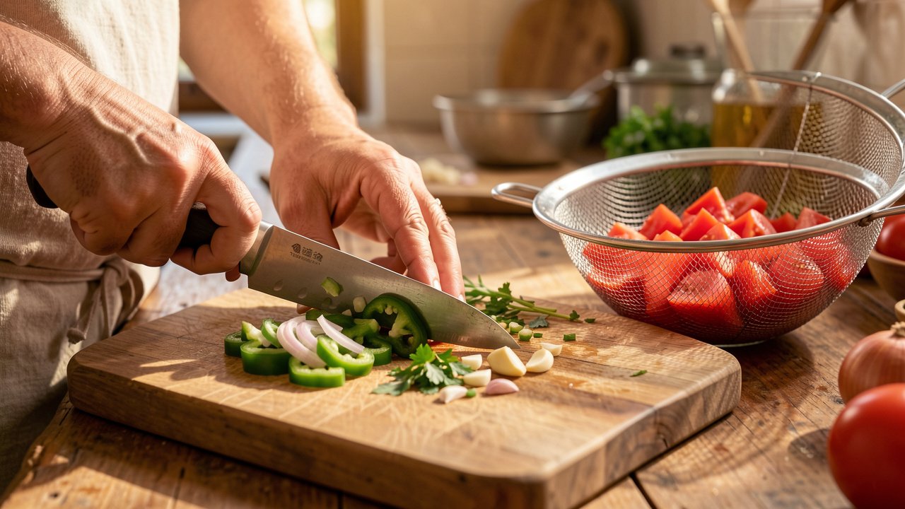 Hands finely chopping green pepper and parsley beside diced tomatoes for ezme