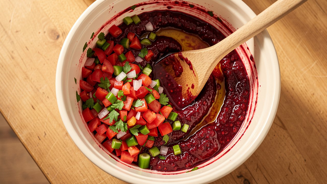 Chopped vegetables being folded into a glossy red ezme dressing in a bowl